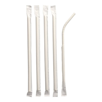 Pictured are five individually wrapped PAPSTAR paper straws, 6 mm x 20 cm, white; four straight, one flexibly bent. All stand vertically against a white background. The package contains 100 pieces from PAPSTAR GmbH.