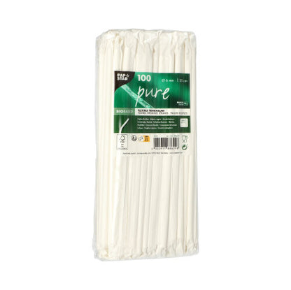 A transparent plastic packaging contains 100 white PAPSTAR GmbH paper straws (6 mm x 20 cm) with a green-white label showing the brand, eco-friendly symbols, and product details.