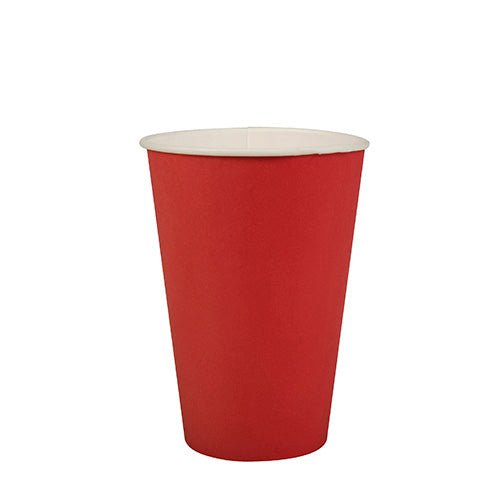 A red PAPSTAR 20 drinking cup (0.2 l, Ø 7 cm, 9.7 cm) made of cardboard from PAPSTAR GmbH stands upright with a white interior against a white background.