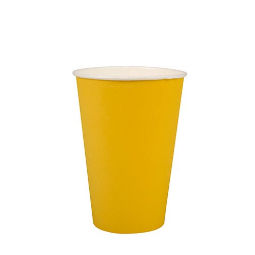 A PAPSTAR 20 drinking cup (paper cup, 0.2 l, Ø 7 cm · 9.7 cm) from PAPSTAR GmbH in yellow with a white interior stands upright on a white surface.