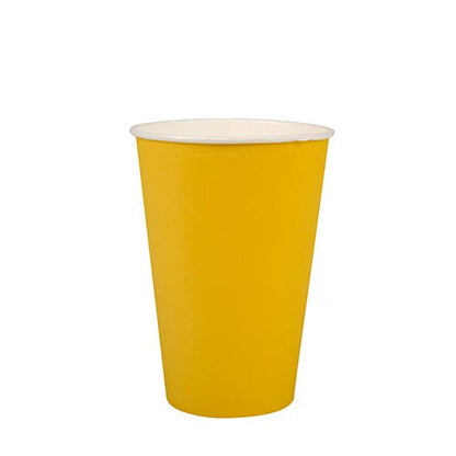 A PAPSTAR 20 drinking cup (paper cup, 0.2 l, Ø 7 cm · 9.7 cm) from PAPSTAR GmbH in yellow with a white interior stands upright on a white surface.