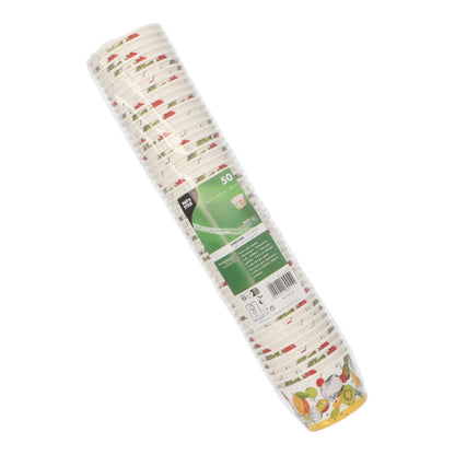 A stack of 50 PAPSTAR ice cream cups made of round cardboard by PAPSTAR GmbH wrapped in foil. Colorful fruit and vegetable motifs at the bottom edge make them perfect for desserts like ice cream cups.