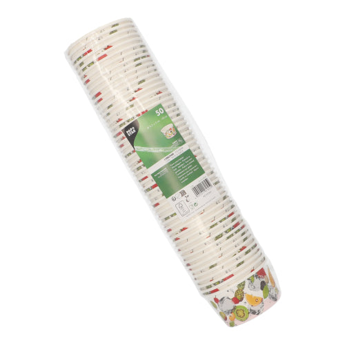 The 50 ice cream cups “round cardboard” from PAPSTAR GmbH come in a plastic package with a green label and show illustrated vegetable motifs – perfect disposable paper bowls for desserts or as ice cream cups at your next gathering.