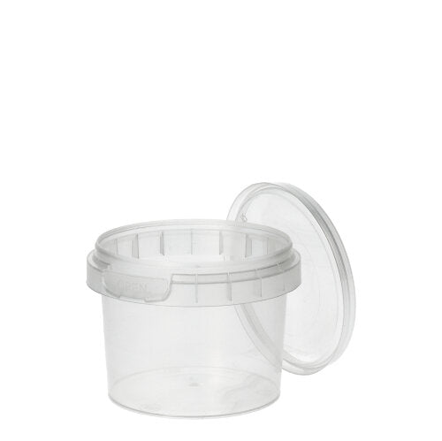 A transparent, round Starpak 48 deli cup PP container (120 ml, Ø 6.9 cm × 5.1 cm) with a fitted lid and tamper-evident seal is depicted open against a plain white background.