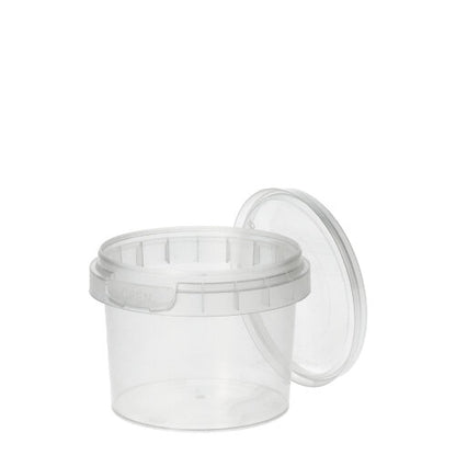 A transparent, round Starpak 48 deli cup PP container (120 ml, Ø 6.9 cm × 5.1 cm) with a fitted lid and tamper-evident seal is depicted open against a plain white background.
