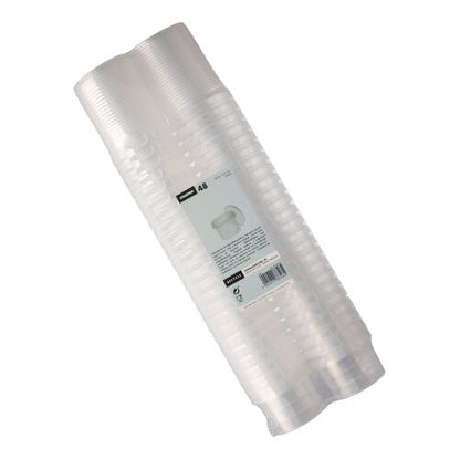 A pack of 48 transparent, round Starpak deli cups (120 ml, 6.9 cm × 5.1 cm) with tamper-evident seals, stacked and wrapped in shrink film, with a central label featuring Starpak branding and product details.