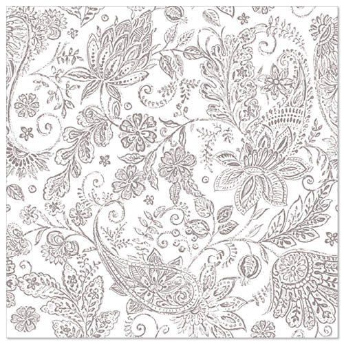 Ein dichtes, filigranes graues Blumen-Paisleymuster mit Blättern, Blüten und Wirbeln füllt jede PAPSTAR 50 Serviette "ROYAL Collection" 1/4-Falz 40 x 40 cm von PAPSTAR GmbH - edler Stil für elegante Anlässe.