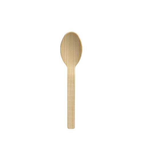 A single PAPSTAR bamboo coffee spoon "pure", 11 cm, with a rounded bowl and flat handle stands centrally on a white background, showcasing its eco-friendly design; Packaging: folding box with 50 pieces, by PAPSTAR GmbH.