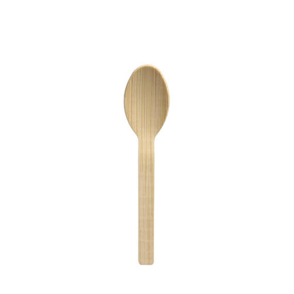 A single PAPSTAR bamboo coffee spoon "pure", 11 cm, with a rounded bowl and flat handle stands centrally on a white background, showcasing its eco-friendly design; Packaging: folding box with 50 pieces, by PAPSTAR GmbH.