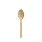 A single PAPSTAR bamboo coffee spoon "pure", 11 cm, with a rounded bowl and flat handle stands centrally on a white background, showcasing its eco-friendly design; Packaging: folding box with 50 pieces, by PAPSTAR GmbH.