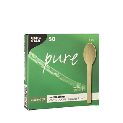 A green box with the inscription "PAPSTAR bamboo coffee spoon 'pure', 11 cm, eco-friendly | folding box (50 pieces)" from PAPSTAR GmbH shows a bamboo spoon image and text in German, English, and French.