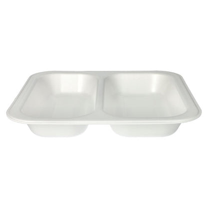 Die Starpak 50 Siegelschalen sind weiße, laminierte, rechteckige Einwegschalen (XPS, 4,2 x 24,5 x 26,5 cm) mit zwei Fächern – ideal für die Gastronomie zum hygienischen Verpacken und Präsentieren von Speisen.