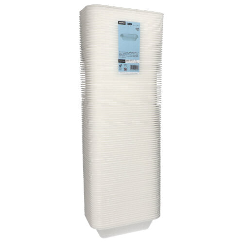 Abgebildet ist ein hoher Stapel Starpak 100 Siegelschalen, XPS weiss laminiert, in Plastikfolie mit blauem Frontetikett mit Produktinformationen – ideal für den Einsatz in der Gastronomie.