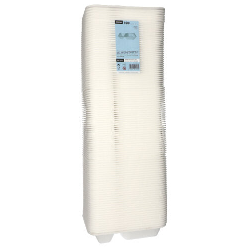 Ein Stapel von 100 Starpak-Lebensmittelschalen aus weißem, laminiertem XPS mit zwei Fächern, erhöhten Rändern, rechteckiger Form und einem blauen Etikett auf der Oberseite. Marke: Starpak.