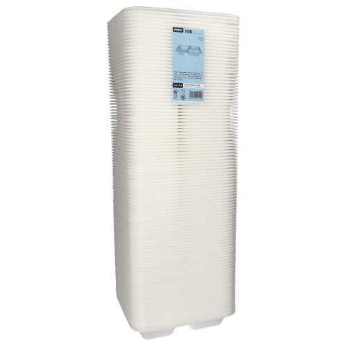 A stack of 100 Starpak sealing trays, XPS 3-divided, 925 ml oval, white laminated plates (4.2 x 21.2 x 25 cm), used as food packaging and featuring a product label, is depicted against a plain white background.
