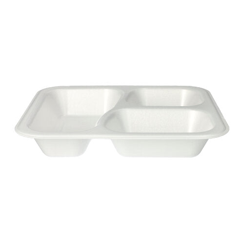 The Starpak 100 sealing trays are white, laminated XPS food trays with three compartments (925 ml, 4.2 x 21.2 x 25 cm), shown at an angle on a white background. Sold in a pack of 100 in foil bags.