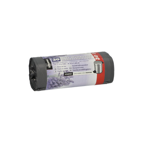 Rolla de mhálaí bruscair Starpak 20 as LDPE, liath le boladh lavender (30 l, 60x50 cm), tá 20 mála cumhra in aghaidh an phacáiste. Léiríonn an lipéad sonraí an táirge chomh maith le pictiúr lavender.