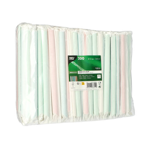 Tá pacáiste plaisteach trédhearcach ina bhfuil 200 PAPSTAR tuí páipéir Bubble Tea (Ø12mm, 20cm), eagraithe i ndathanna pastel. Taispeánann an lipéad ar an tosaigh faisnéis faoin táirge agus siombailí athchúrsála, rud a fhágann go bhfuil na tuí páipéir seo ón PAPSTAR GmbH ina rogha inbhuanaithe.