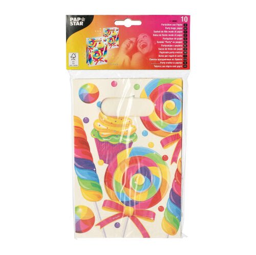 The 10 paper party bags from PAPSTAR GmbH have colorful candy and lollipop designs in bright rainbow colors, are ideal for celebrations, and come in a clear plastic packaging with a red top.