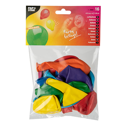 Ein durchsichtiger Kunststoffbeutel der PAPSTAR GmbH enthält 16 farblich sortierte Luftballons (Ø 25 cm) für Partys. Die Verpackung zeigt das "Pap Star"-Logo, ein Foto von lächelnden Menschen, den Text "Party feelings!" und die Ballonmenge.