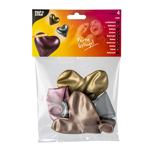 Die PAPSTAR 4 Luftballons groß der PAPSTAR GmbH beinhalten vier unaufgeblasene Herzballons in Metallic-Gold, Silber, Roségold und Bronze in einer Klarsichtverpackung mit Branding und Ballonmotiven – ideal für die festliche Dekoration.