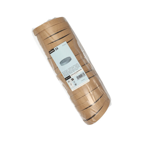 Ein Stapel von 25 runden Starpak-Deckeln für Suppenbecher aus Pappe, in Plastikfolie eingewickelt und mit einem Etikett versehen, auf dem Menge und Verwendungszweck angegeben sind, wird vor einem weißen Hintergrund präsentiert – ideal zur Kombination mit Starpak-Suppenbecher-Schüsseln.