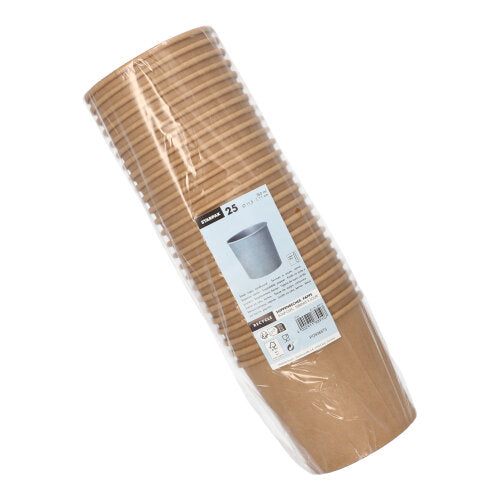 Eine Packung mit 25 braunen Starpak Suppenbechern aus Pappe (Ø 11,5 cm), von Starpak, ist in transparenter Folie mit weißem Etikett verpackt – ideal zum Genießen oder Mitnehmen von Suppen.