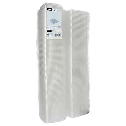 Eine Packung mit 100 transparenten, rechteckigen Starpak Verpackungsbechern mit Klappdeckeln (PP), gebündelt in Kunststoff mit einem Produktetikett auf der Vorderseite.