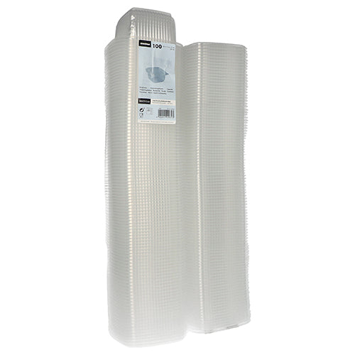 Zwei Stapel Starpak 100 Verpackungsbecher mit Klappdeckeln, PP rechteckig, transparent sind nebeneinander abgebildet. Jeder hat eine gitterartige Struktur, und an einem Stapel ist oben ein Produktetikett angebracht. Marke: Starpak.