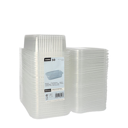 On a white background is a stack of clear, rectangular Starpak 50 packaging cups with hinged lids, PP transparent, depicted. The front label identifies the 50-pack of the Starpak brand.