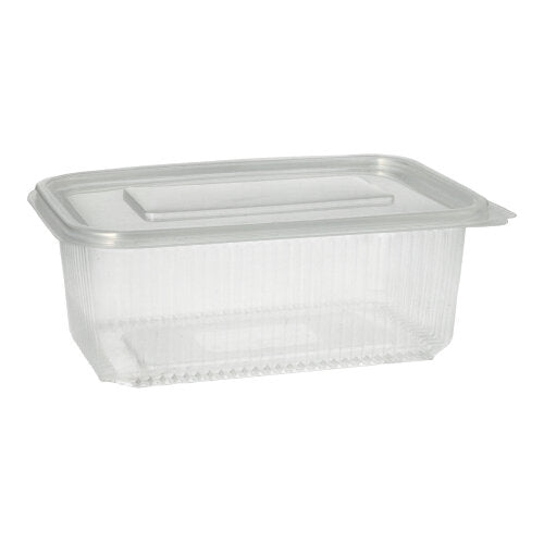 The Starpak 50 packaging cup with hinged lids, PP transparent rectangular, is shown empty on a white background. This clear rectangular container with ribbed sides and matching lid is perfect for storing or presenting various foods.