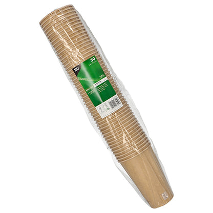 A 50-pack of disposable cardboard cups from PAPSTAR GmbH (PAPSTAR 50 drinking cups, cardboard 0.4 l), made of sturdy cardboard, brown, wrapped in clear foil and provided with a green and white label.