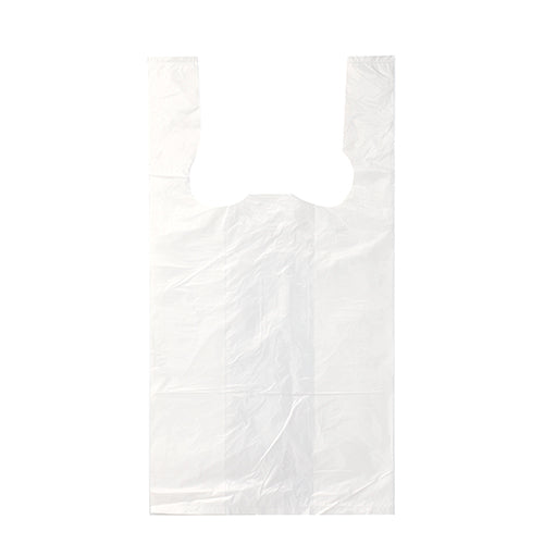 A Starpak 200 shirt carrier bag, white HDPE, with handles is shown flat against a white background, highlighting the subtle folds and creases of the empty bag.