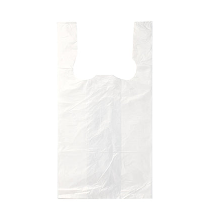 A Starpak 200 shirt carrier bag, white HDPE, with handles is shown flat against a white background, highlighting the subtle folds and creases of the empty bag.