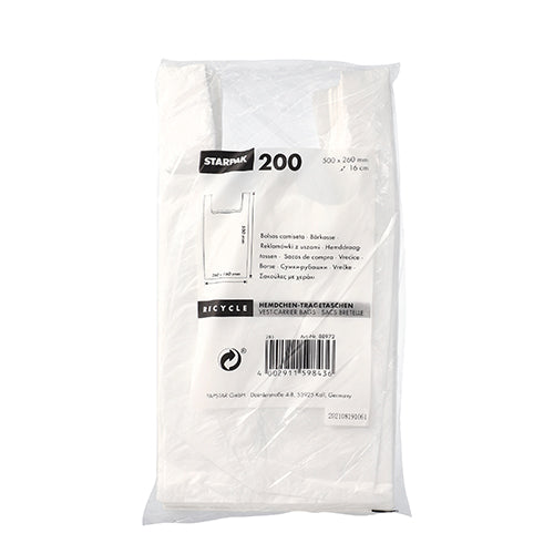 A transparent plastic package contains 200 Starpak shirt carrier bags, white HDPE. The packaging shows the Starpak brand, product details, and an eco-friendly recycling symbol in multiple languages.