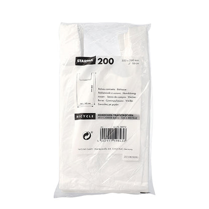 A transparent plastic package contains 200 Starpak shirt carrier bags, white HDPE. The packaging shows the Starpak brand, product details, and an eco-friendly recycling symbol in multiple languages.