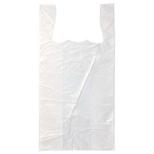 A Starpak 200 shirt carrier bag made of white HDPE from the Starpak brand with two handles lies flat and transparent on a white background.