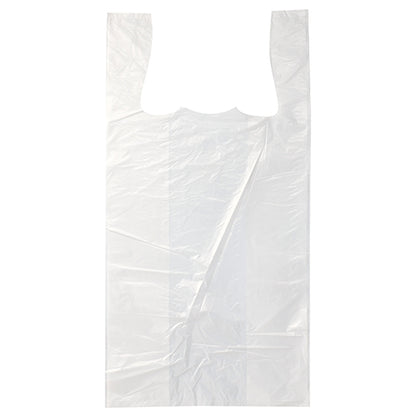 A Starpak 200 shirt carrier bag made of white HDPE from the Starpak brand with two handles lies flat and transparent on a white background.