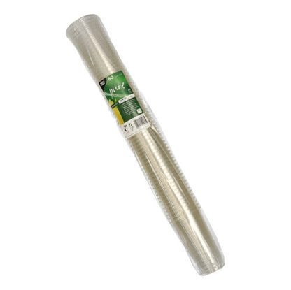 Tá pacáiste de 60 cupán beorach PLA soiléir criostail PAPSTAR "pure" (0.2 l, Ø 7.05 cm, 12.4 cm) ón PAPSTAR GmbH le lipéad glas-bán i bpacáistiú plaisteach trédhearcach ar chúlra bán.