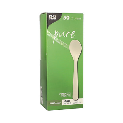 A white box with the inscription "PAPSTAR pure" of PAPSTAR GmbH contains 50 paper spoons each with a length of 17.6 cm. The packaging shows a spoon motif and promotes the bio-based, sustainable cutlery as an environmentally friendly alternative.