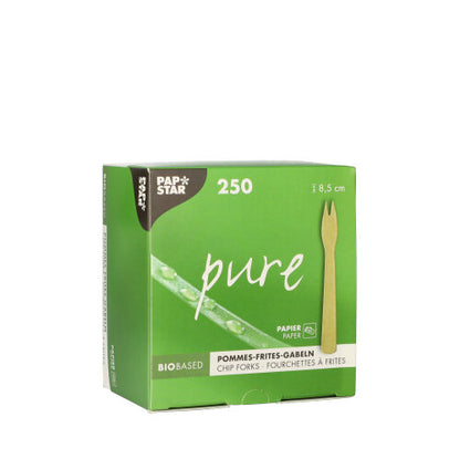 A brown "pure" box from PAPSTAR GmbH contains 250 biodegradable French fry forks made of paper, each with a length of 8.5 cm. The packaging emphasizes its eco-friendly paper-based design.