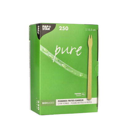 A brown box PAPSTAR 250 French fry forks paper "pure" from PAPSTAR GmbH, with 250 pieces. The packaging highlights "bio-based", "pure", "13.5 cm" as well as "biodegradable" and "eco-friendly".