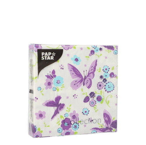 PAPSTAR napkins in a 20-pack, 25x25 cm, 3-ply, ideal for table decoration, with purple butterflies and blue/purple flowers on a white background. The square pack partially shows the "Collection". Brand: PAPSTAR GmbH.