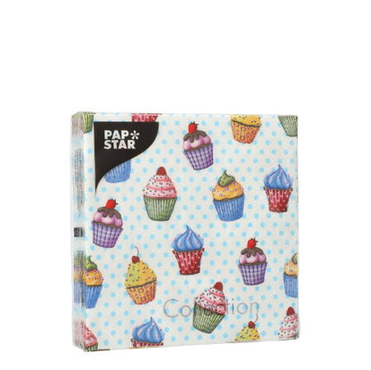A square pack of 20 PAPSTAR napkins from PAPSTAR GmbH, 3-ply, 25 x 25 cm, with a light blue dotted background with colorful cupcake motifs and a black “PAP STAR” label in the top left corner.