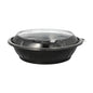 A round black Starpak 25 salad bowl food container (PET, 1000 ml, Ø 21.8 cm, 6 cm) with a clear domed 'Snap It' R-PET lid (25 pieces) is pictured against a plain white background.