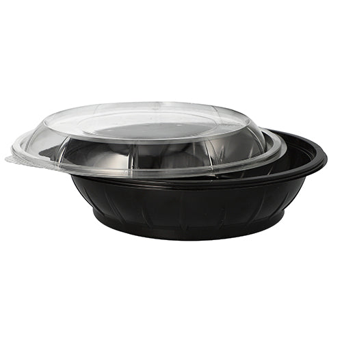 On a white background, a Starpak 25 salad bowl PET food container, 1000 ml, Ø 21.8 cm, 6 cm high in black with a clear 'Snap It' R-PET lid (25 pieces) is depicted.