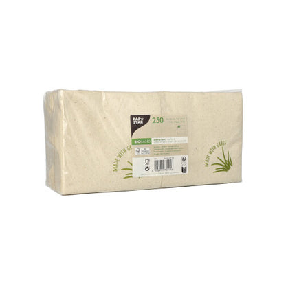 A sealed rectangular pack of 250 beige napkins from PAPSTAR GmbH, 2-ply, 24 x 24 cm, with a white label and green accents displaying product details, symbols, grass graphics, and the brand name "PAPSTAR".