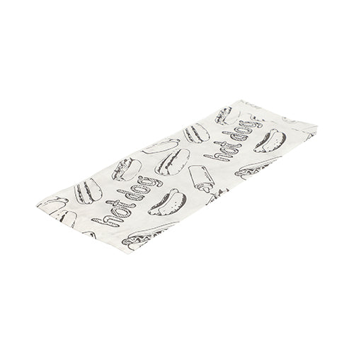 Abgebildet ist eine flache, weiße PAPSTAR Hot Dog-Tüten-Papierverpackung (21x8,5 cm) mit schwarzer Hot Dog-Strichzeichnung und "Hot Dog"-Text aus der 1000er-Schrumpfpackung der PAPSTAR GmbH auf weißem Hintergrund.