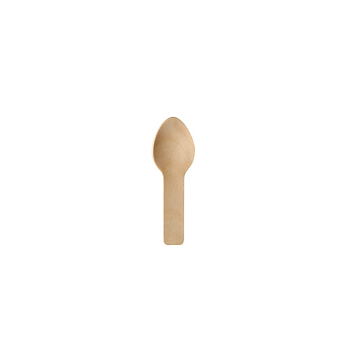 A single PAPSTAR finger food spoon made of wood "pure", 7.6 cm from PAPSTAR GmbH, with a short flat handle and rounded bowl, stands centrally on a plain white surface.