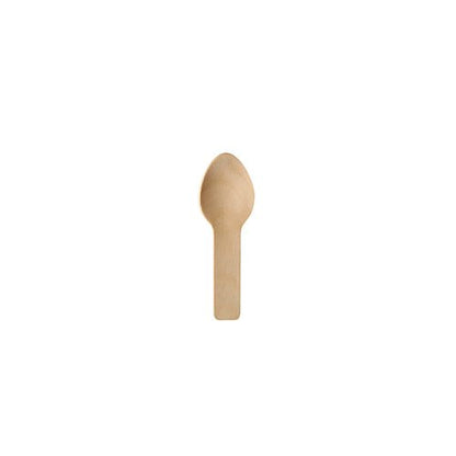 A single PAPSTAR finger food spoon made of wood "pure", 7.6 cm from PAPSTAR GmbH, with a short flat handle and rounded bowl, stands centrally on a plain white surface.